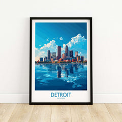 Detroit Travel Poster featuring a vibrant skyline reflection on water, showcasing the beauty of Detroit, Michigan.