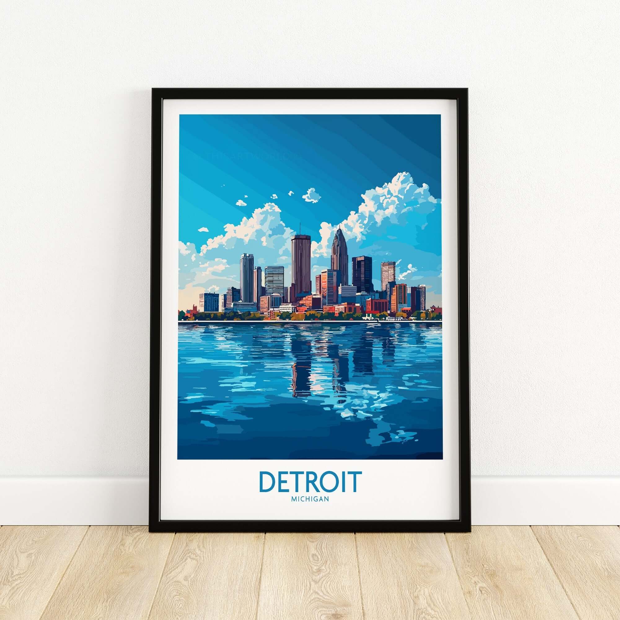 Detroit Travel Poster featuring a vibrant skyline reflection on water, showcasing the beauty of Detroit, Michigan.