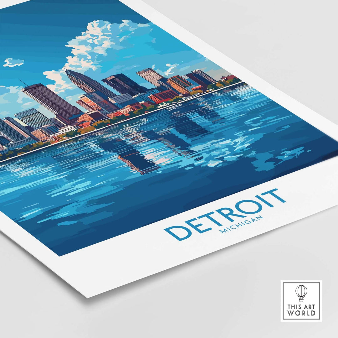 Detroit travel poster showcasing a vibrant skyline and reflecting water, perfect for art and travel enthusiasts.