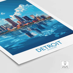 Detroit Travel Poster showcasing a vibrant skyline reflection in water, perfect for travel enthusiasts.