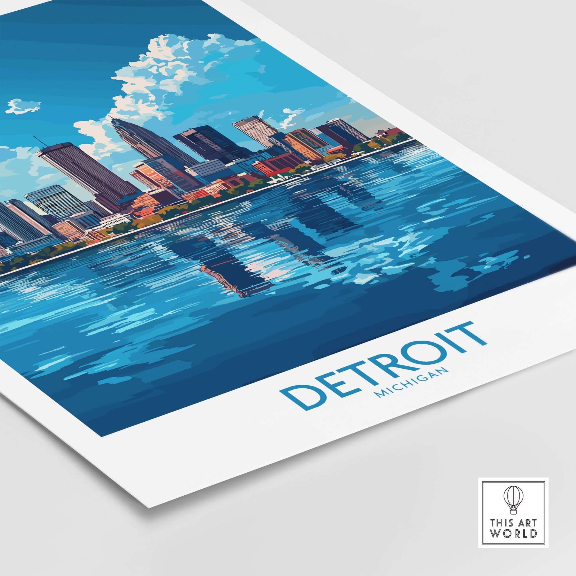 Detroit Travel Poster showcasing a vibrant skyline reflection in water, perfect for travel enthusiasts.