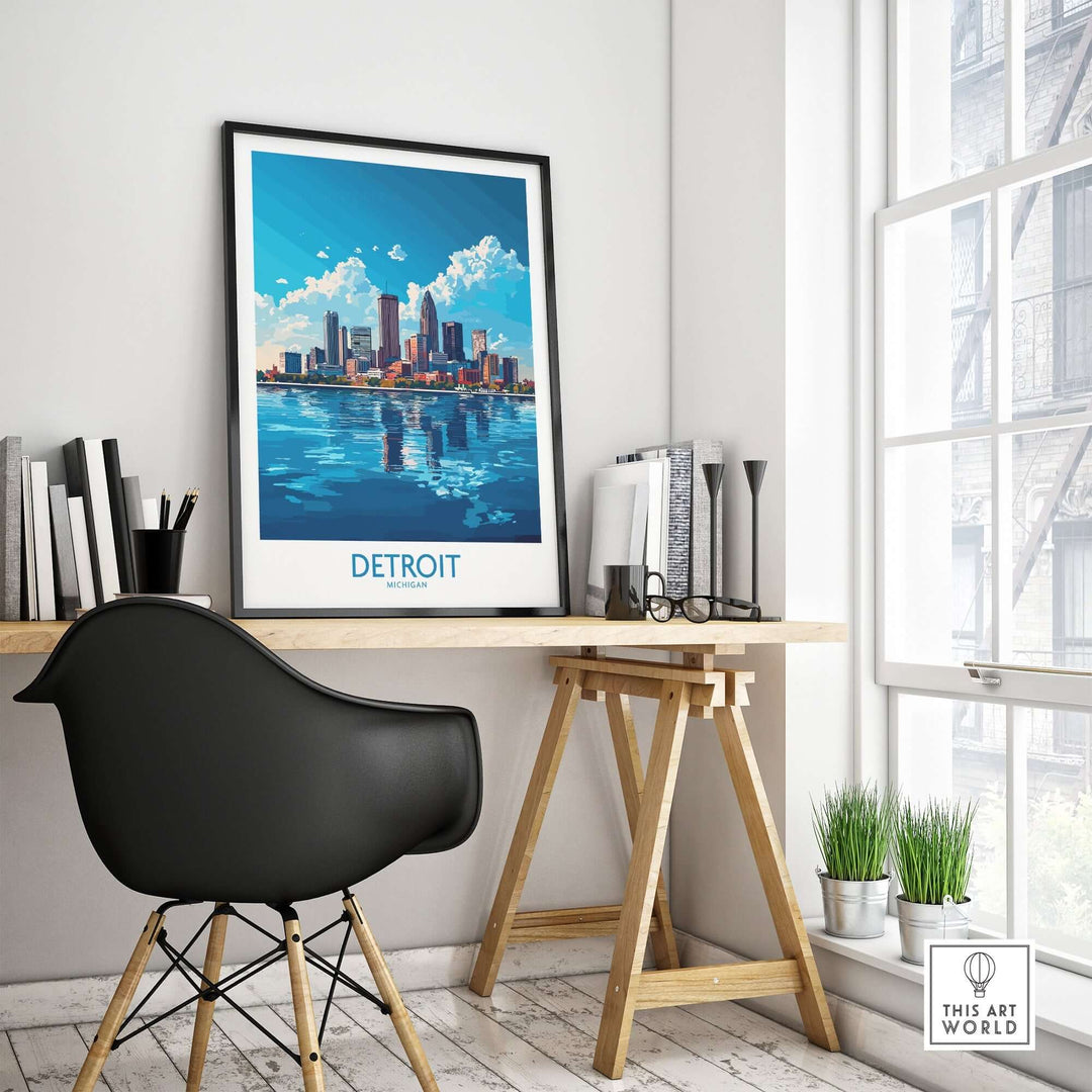 Detroit travel poster showcasing iconic cityscape in modern workspace with stylish decor.