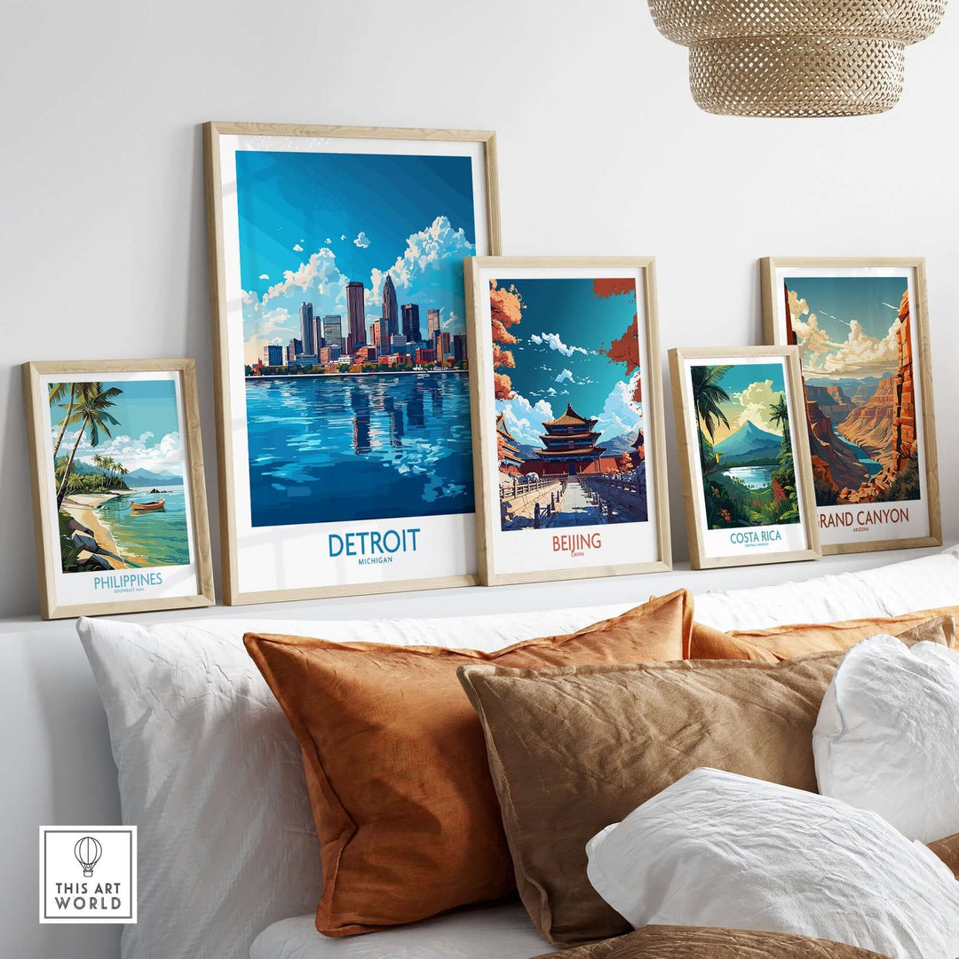 Stylish display of travel posters including Detroit, Beijing, Costa Rica, and the Grand Canyon in a modern home setting.