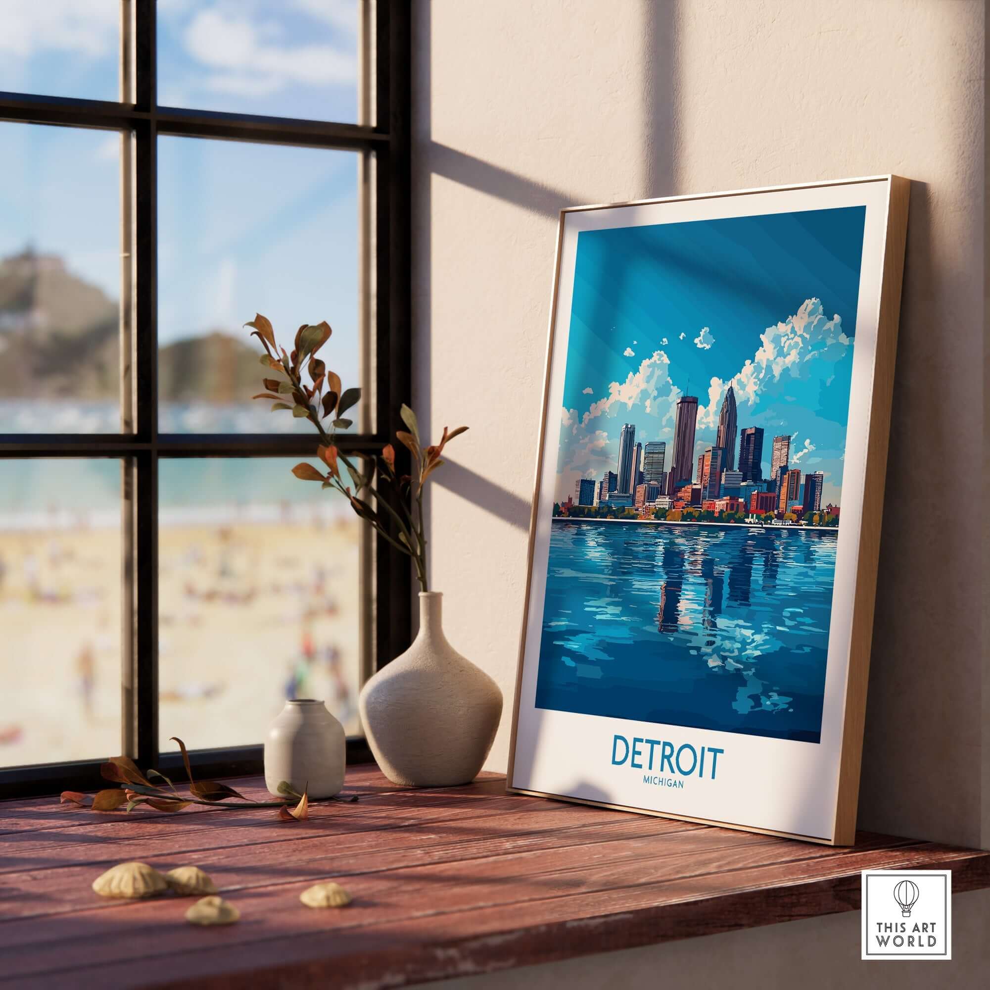 Detroit Travel Poster showcasing the skyline and vibrant colors of Detroit, perfect for travel enthusiasts.