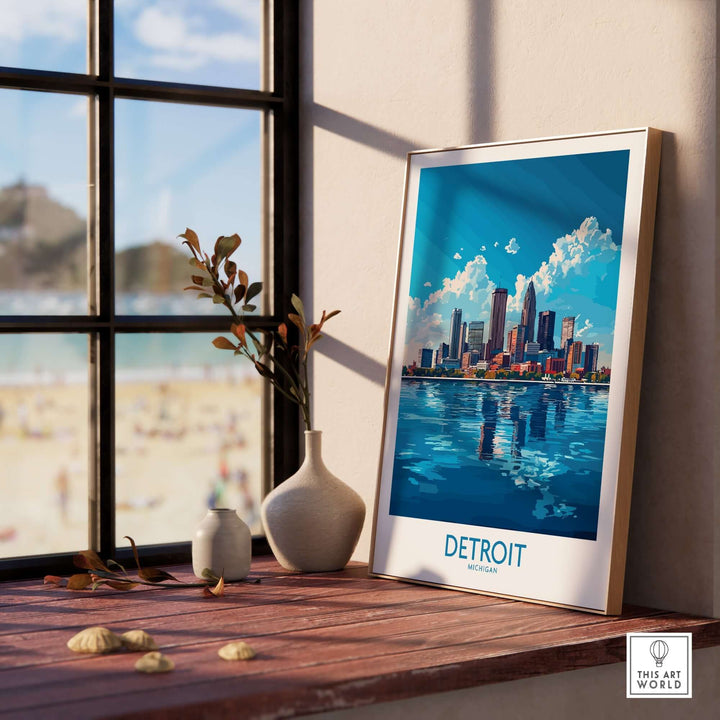 Detroit travel poster showcasing the city's skyline and vibrant atmosphere, beautifully displayed in a sunny room.