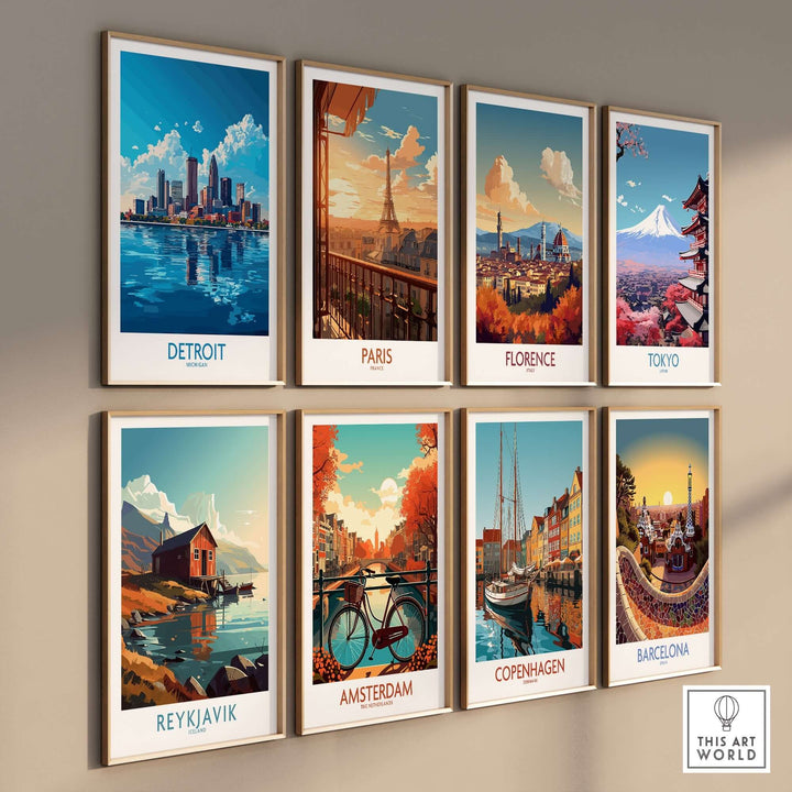 Colorful travel posters displayed on a wall, featuring Detroit, Paris, Florence, Tokyo, Reykjavik, Amsterdam, Copenhagen, and Barcelona.