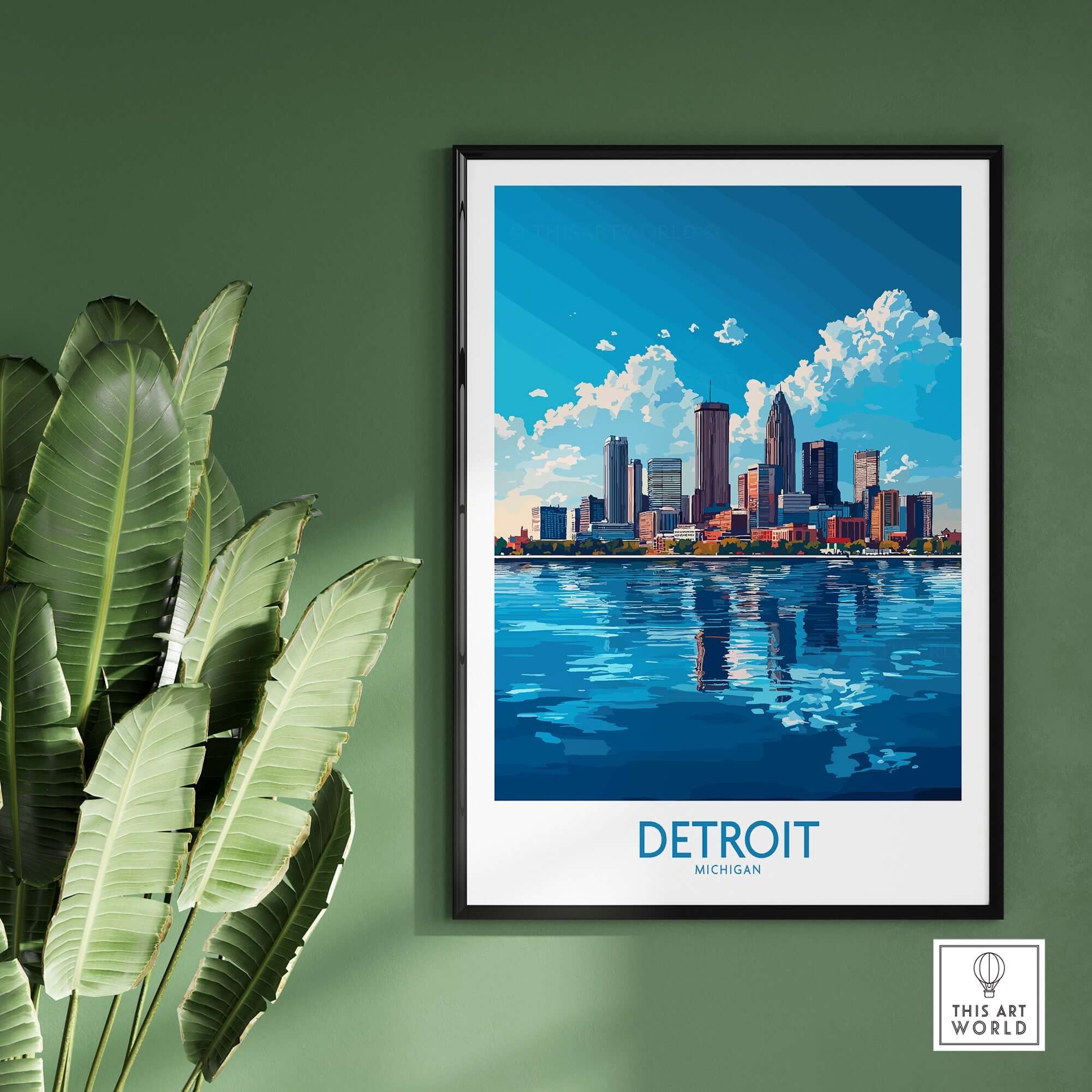 Detroit Travel Poster featuring a vibrant skyline and water reflection, perfect for art lovers and travel enthusiasts.