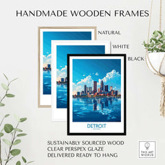 Handmade wooden frames for Detroit Travel Poster in natural, white, and black colors.