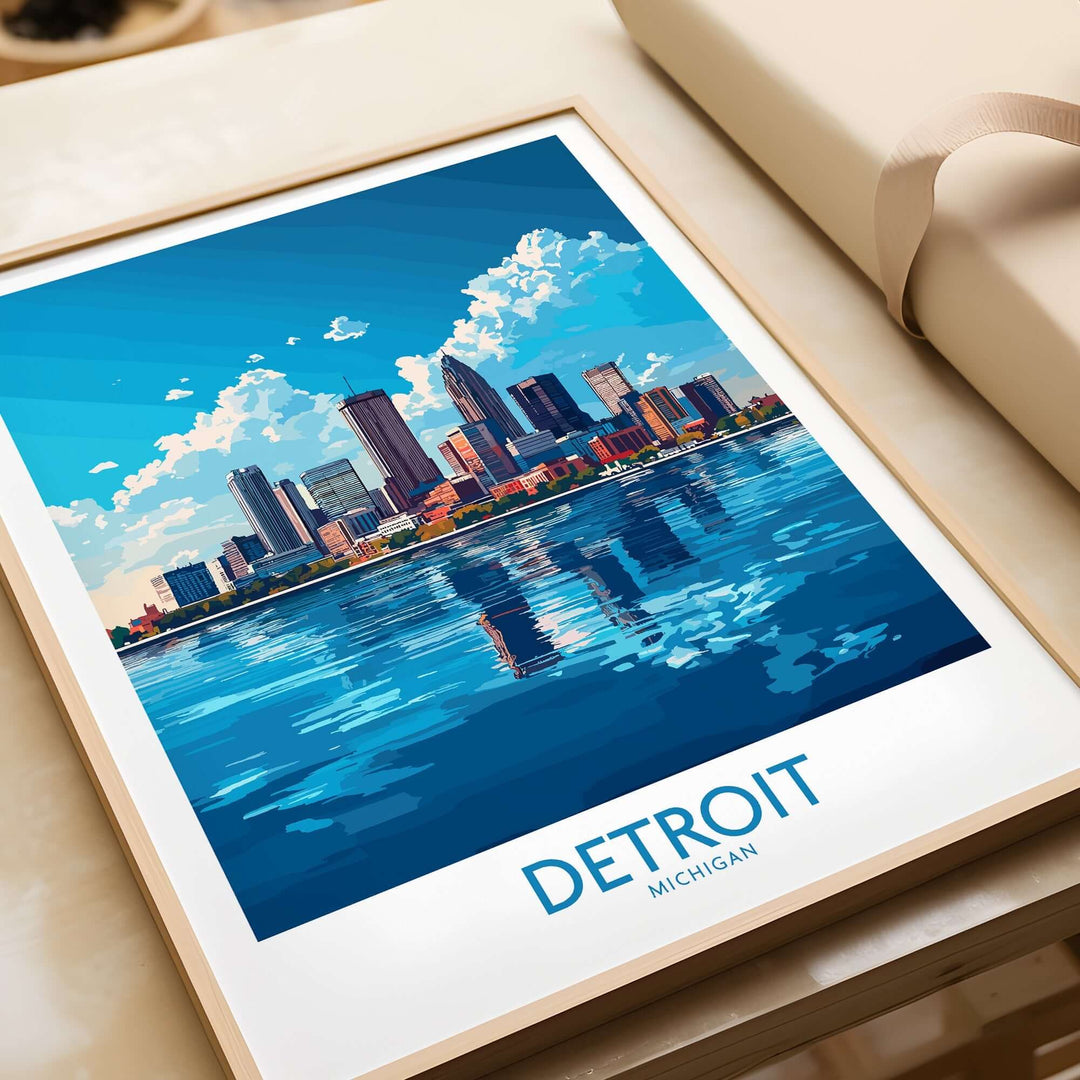 Detroit travel poster showcasing the skyline and vibrant waterfront of the city, framed for art enthusiasts.