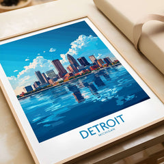 Detroit Travel Poster showcasing the skyline and river with vibrant blue hues, perfect for travel enthusiasts.
