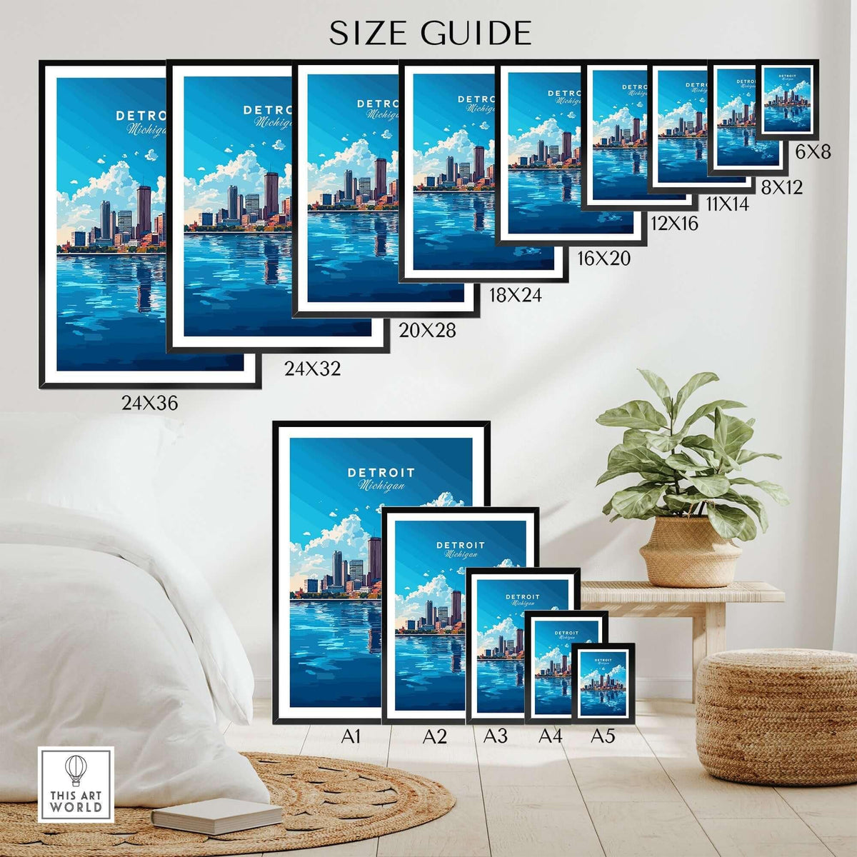 Detroit Travel Print size guide showing various frame sizes and vibrant city skyline design.