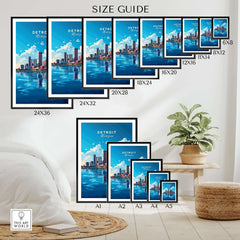 Detroit Travel Print size guide showing various frame sizes and vibrant city skyline design.