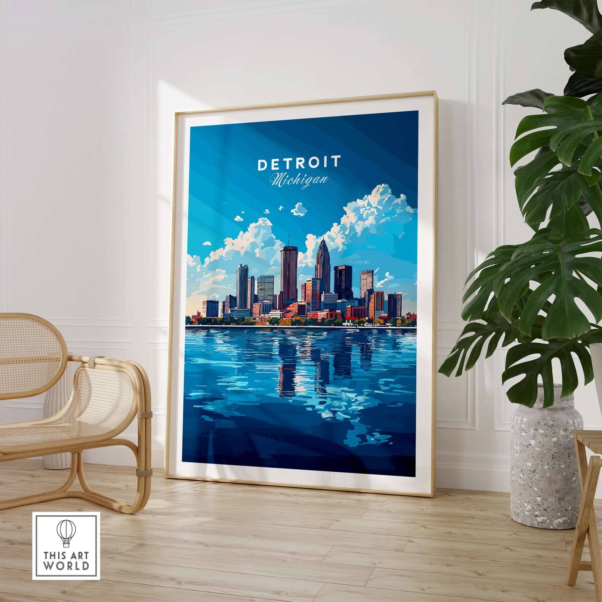 Detroit Travel Print showcasing the iconic Detroit skyline and vibrant colors in a modern interior setting.