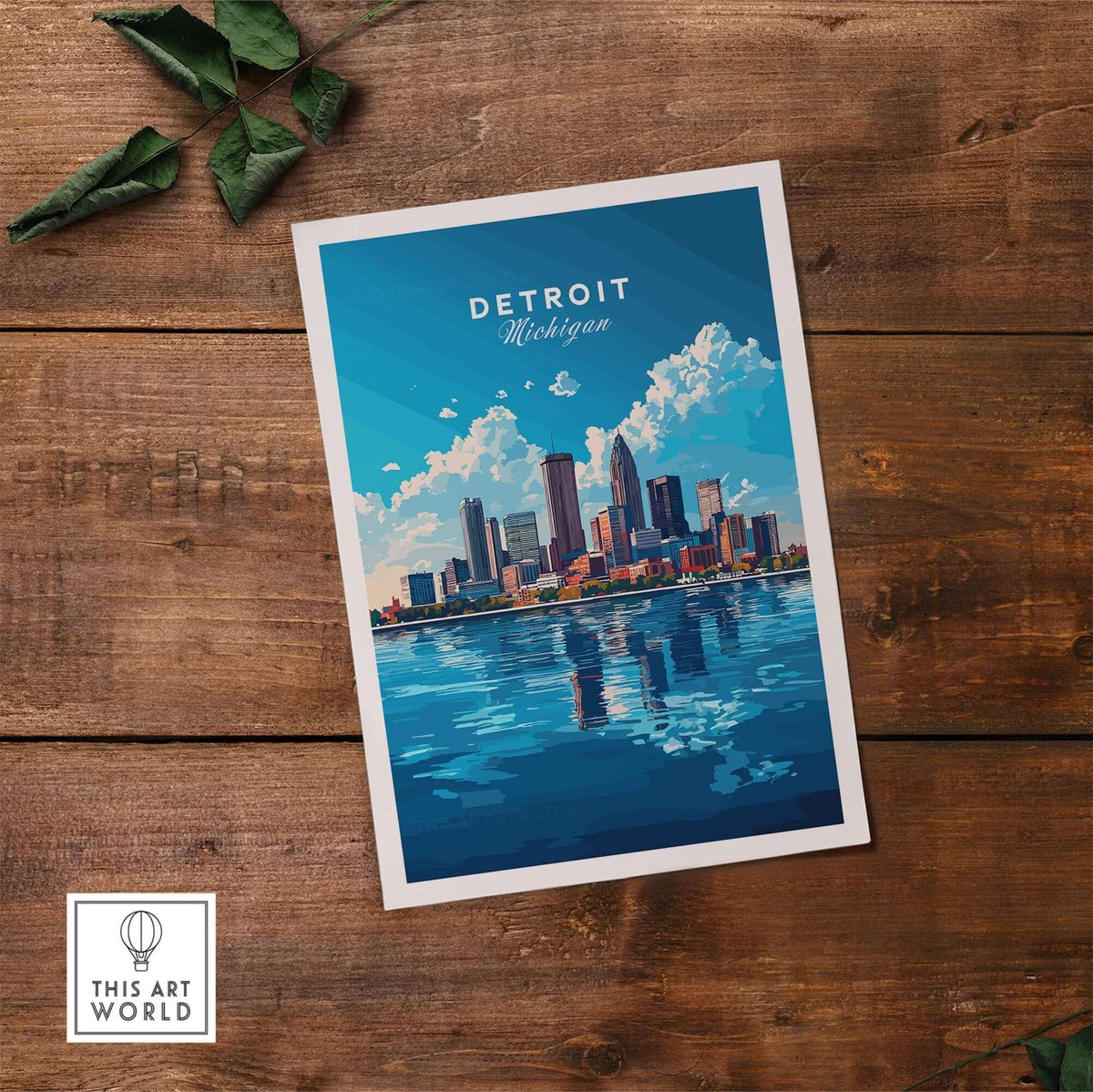 Detroit Travel Print featuring the skyline and reflections on water, showcasing Detroit, Michigan.