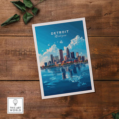 Detroit Travel Print featuring the skyline and reflections on water, showcasing Detroit, Michigan.