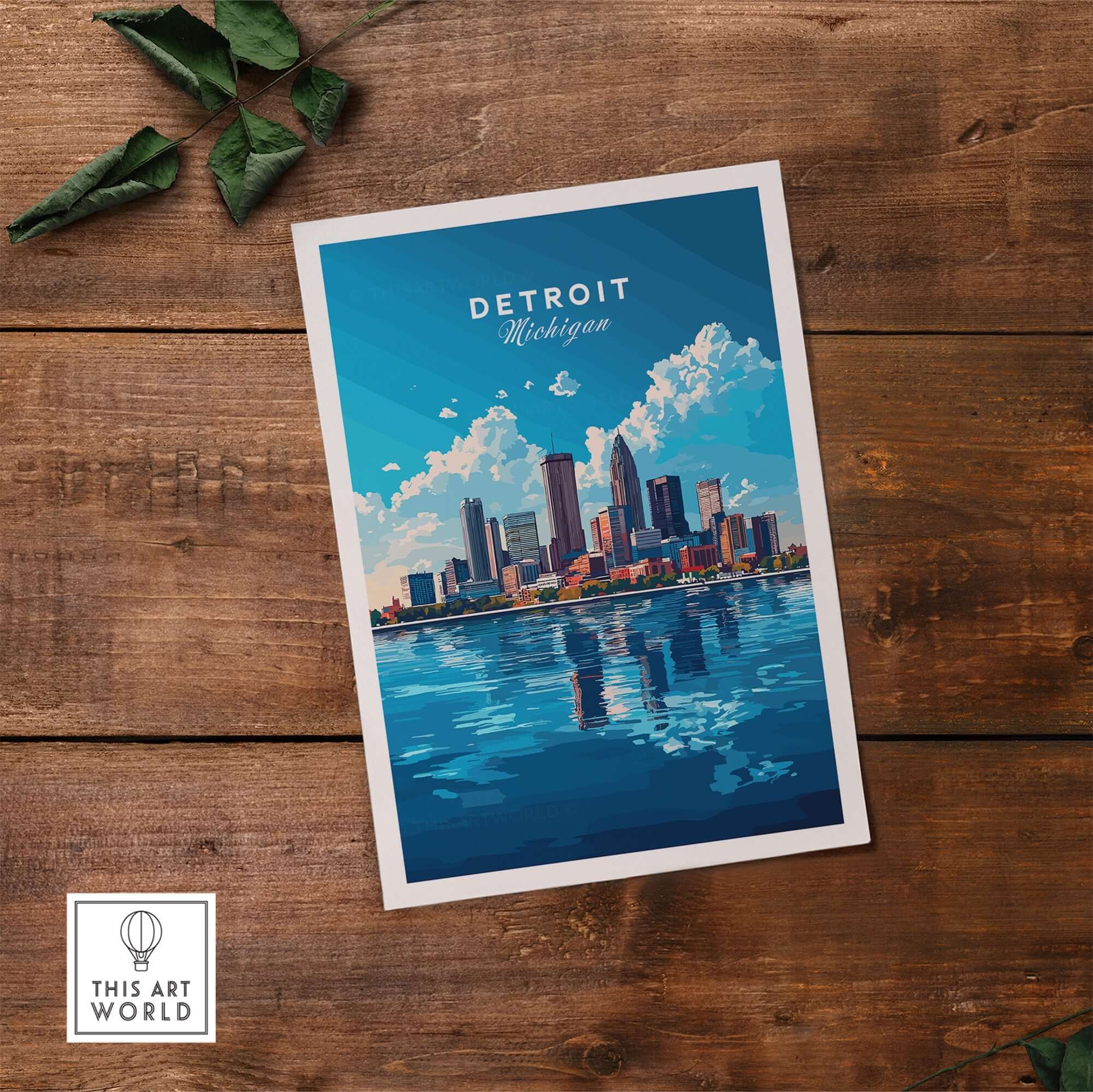 Detroit Travel Print featuring the skyline and reflections on water, showcasing Detroit, Michigan.