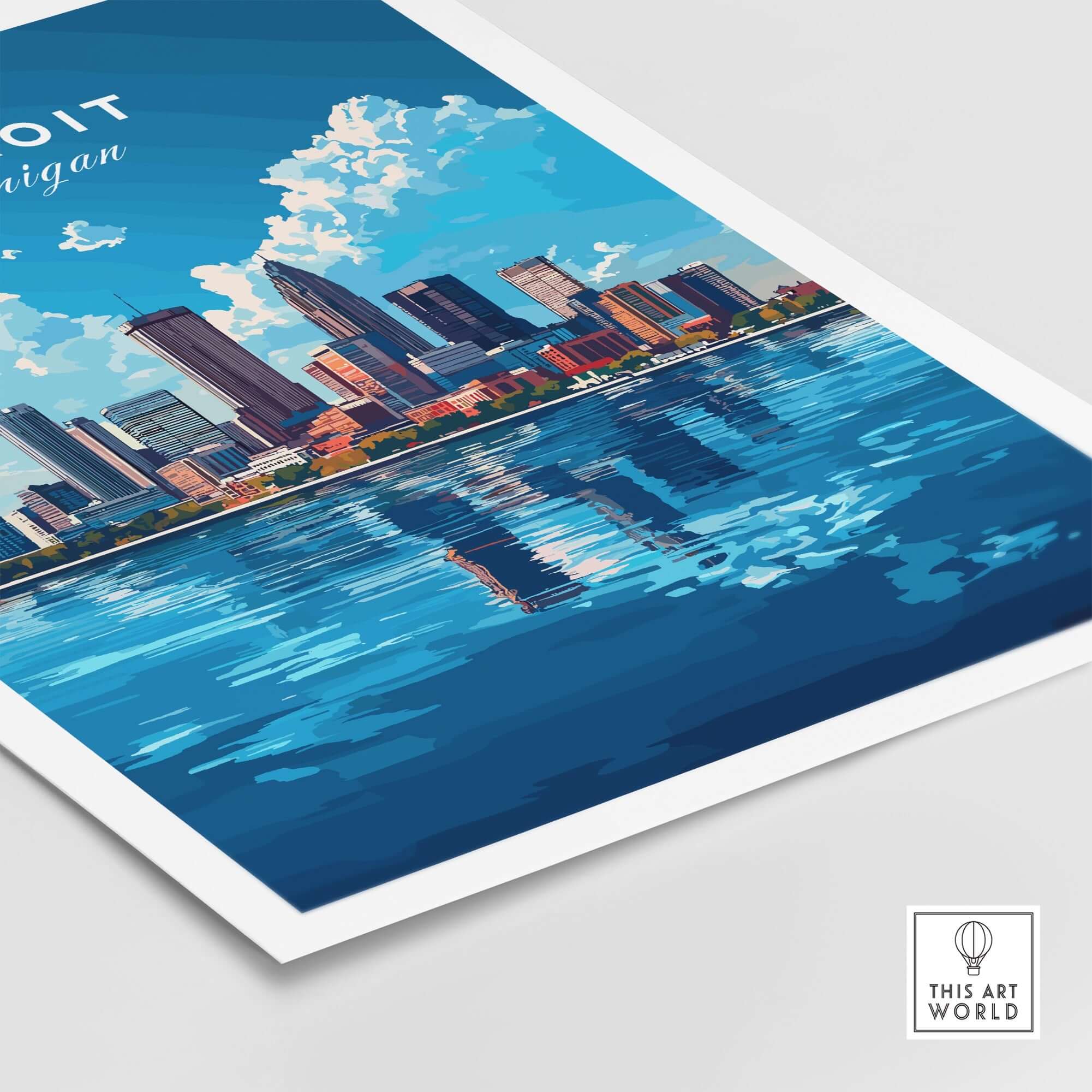 Detroit Travel Print showcasing the vibrant city skyline and reflection on water.