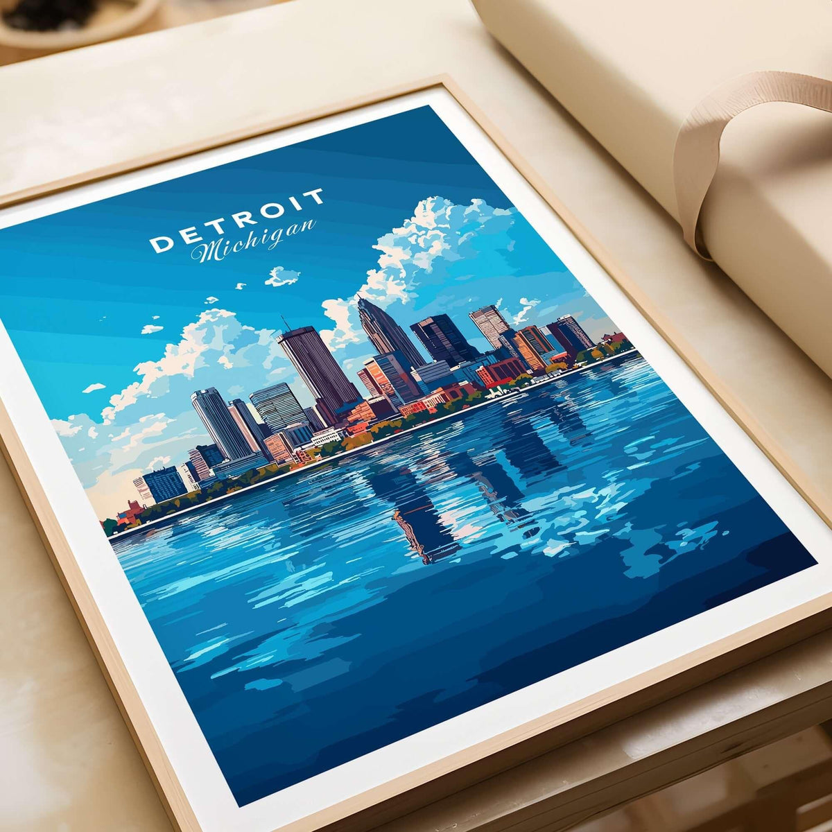Detroit Travel Print showcasing the vibrant skyline of Detroit, Michigan reflecting on calm waters.