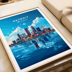 Detroit Travel Print showcasing the vibrant skyline of Detroit, Michigan reflecting on calm waters.