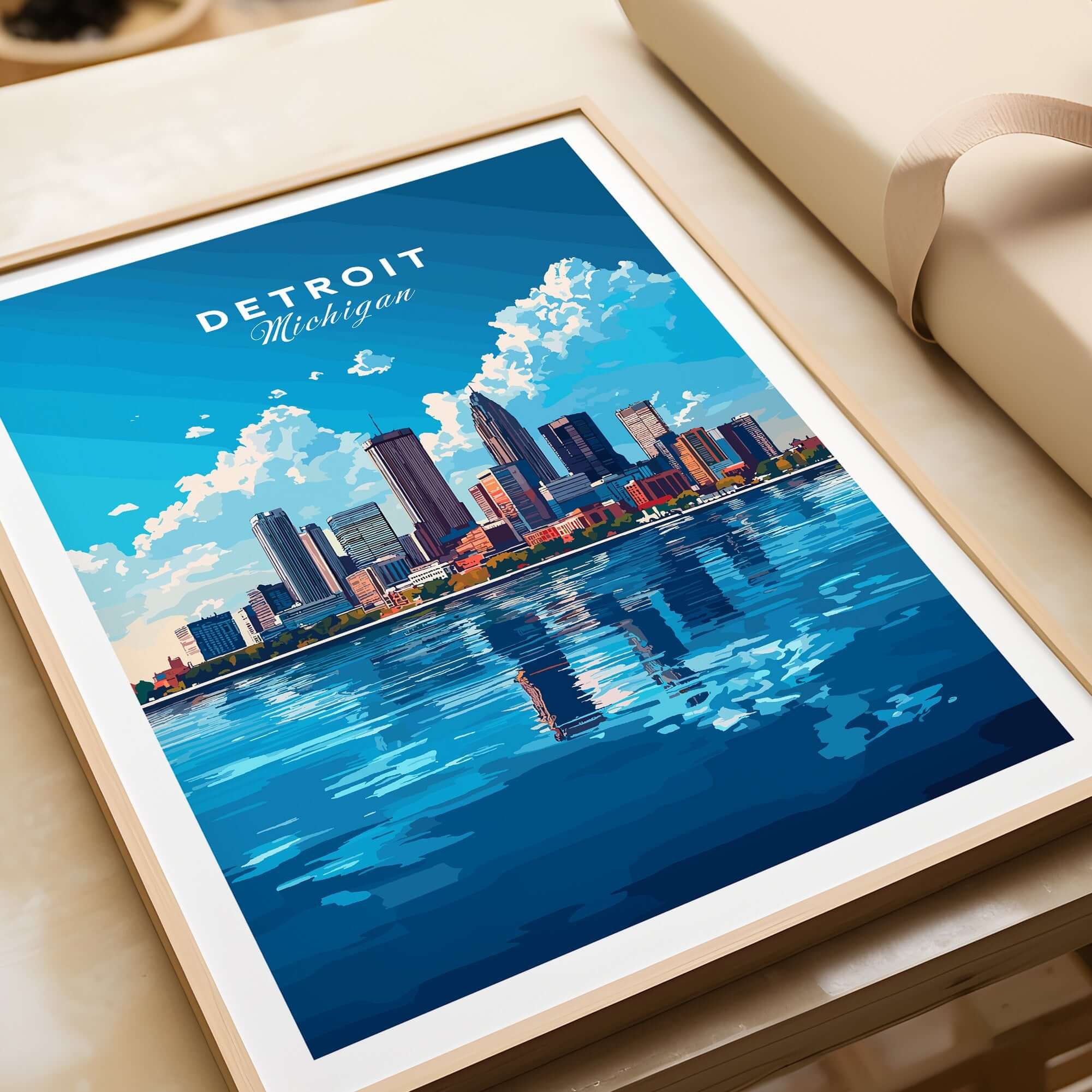 Detroit Travel Print showcasing the vibrant skyline of Detroit, Michigan reflecting on calm waters.