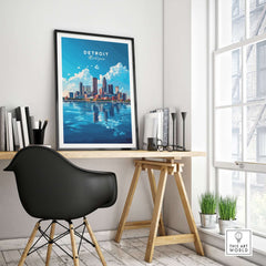 Detroit Travel Print featuring the city skyline in a stylish office setting.