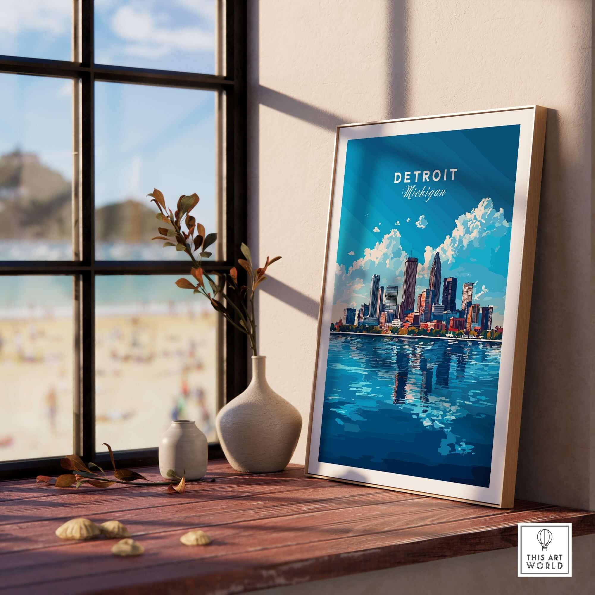 Detroit Travel Print featuring the skyline of the city, perfect for home or office decor.