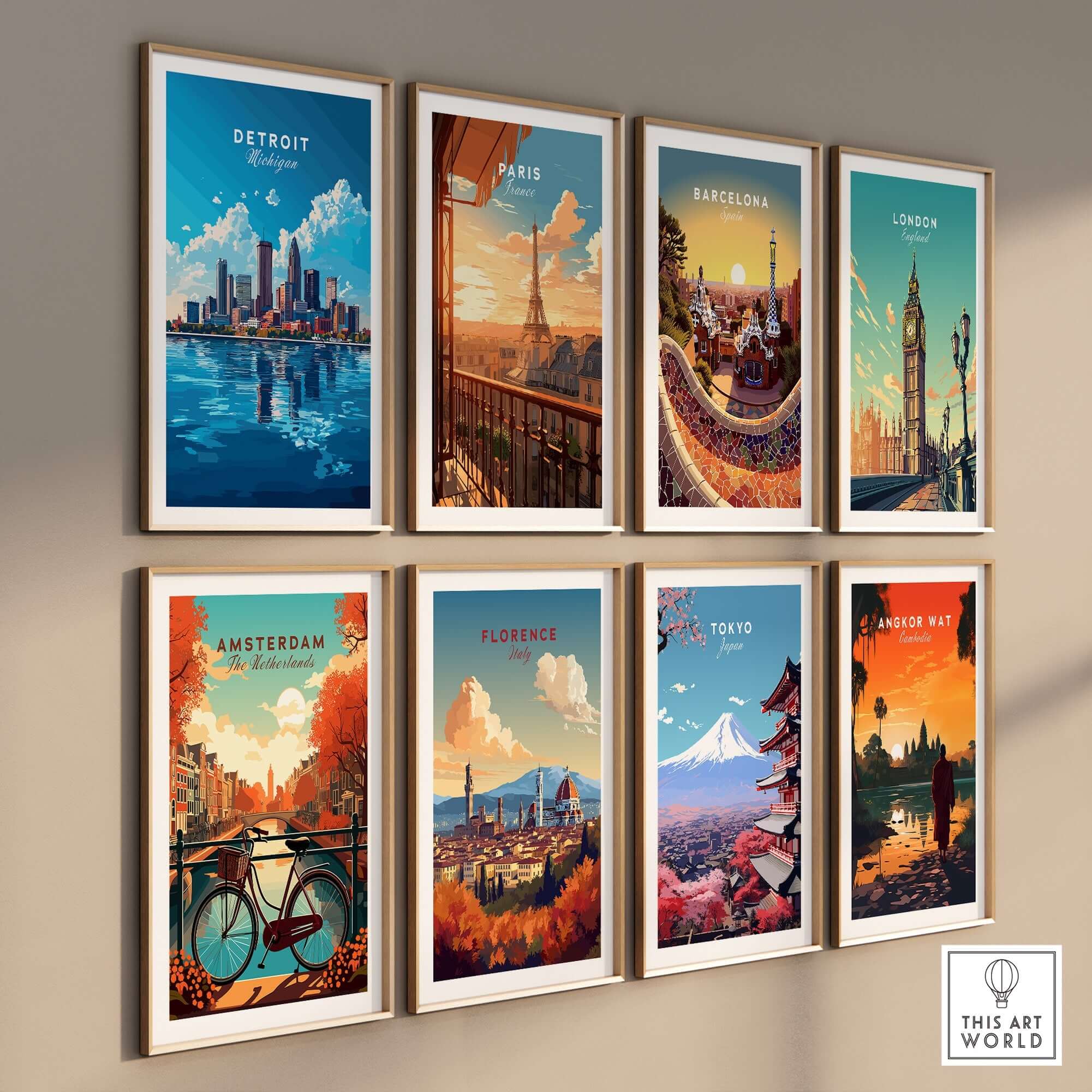Detroit Travel Print featuring the skyline among various city travel prints on display.