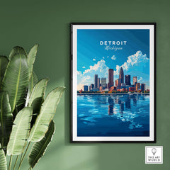 Detroit Travel Print featuring the iconic skyline of Detroit, Michigan reflected in the water.