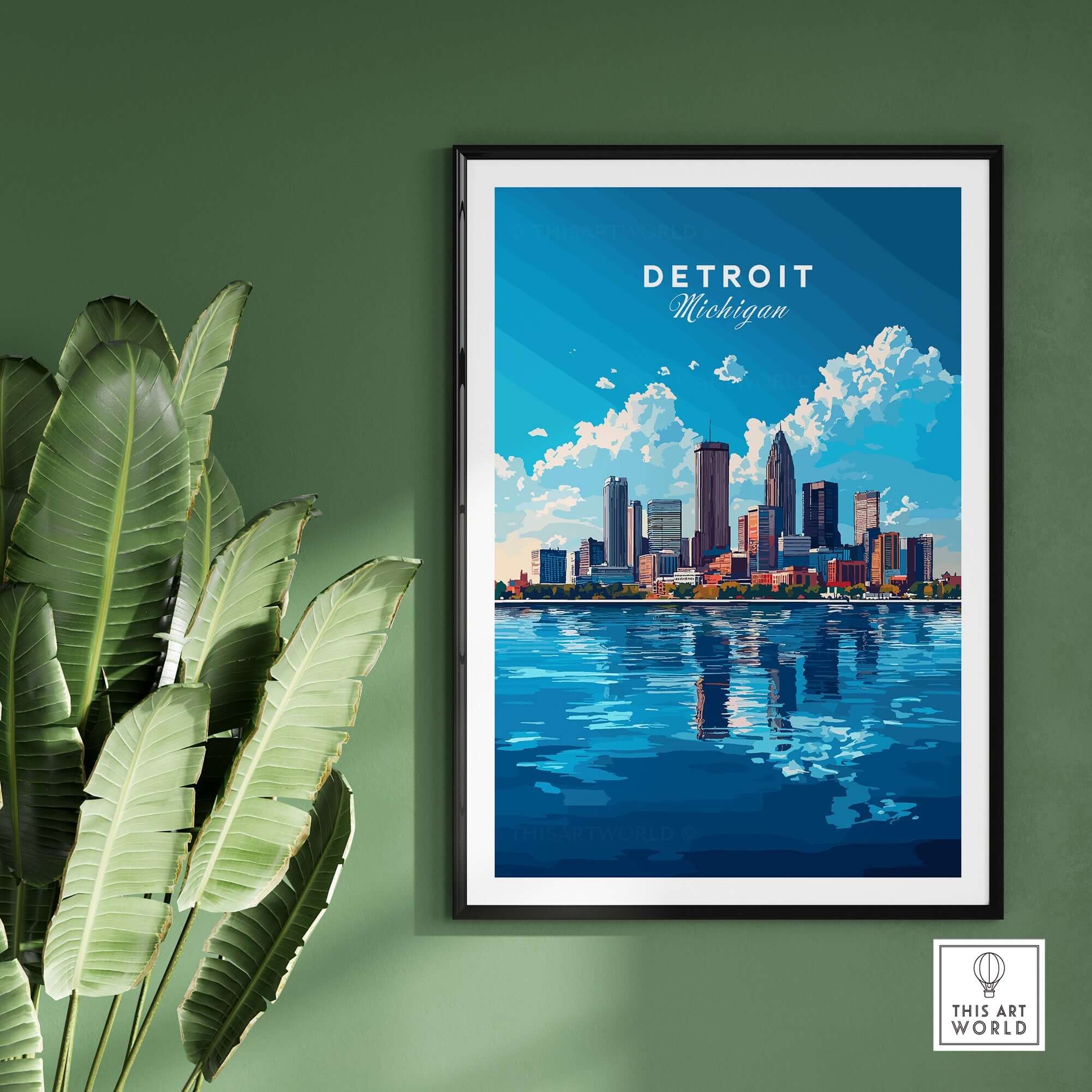 Detroit Travel Print featuring the iconic skyline of Detroit, Michigan reflected in the water.