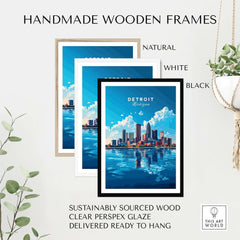 Detroit Travel Print displayed in handmade wooden frames: natural, white, and black options.