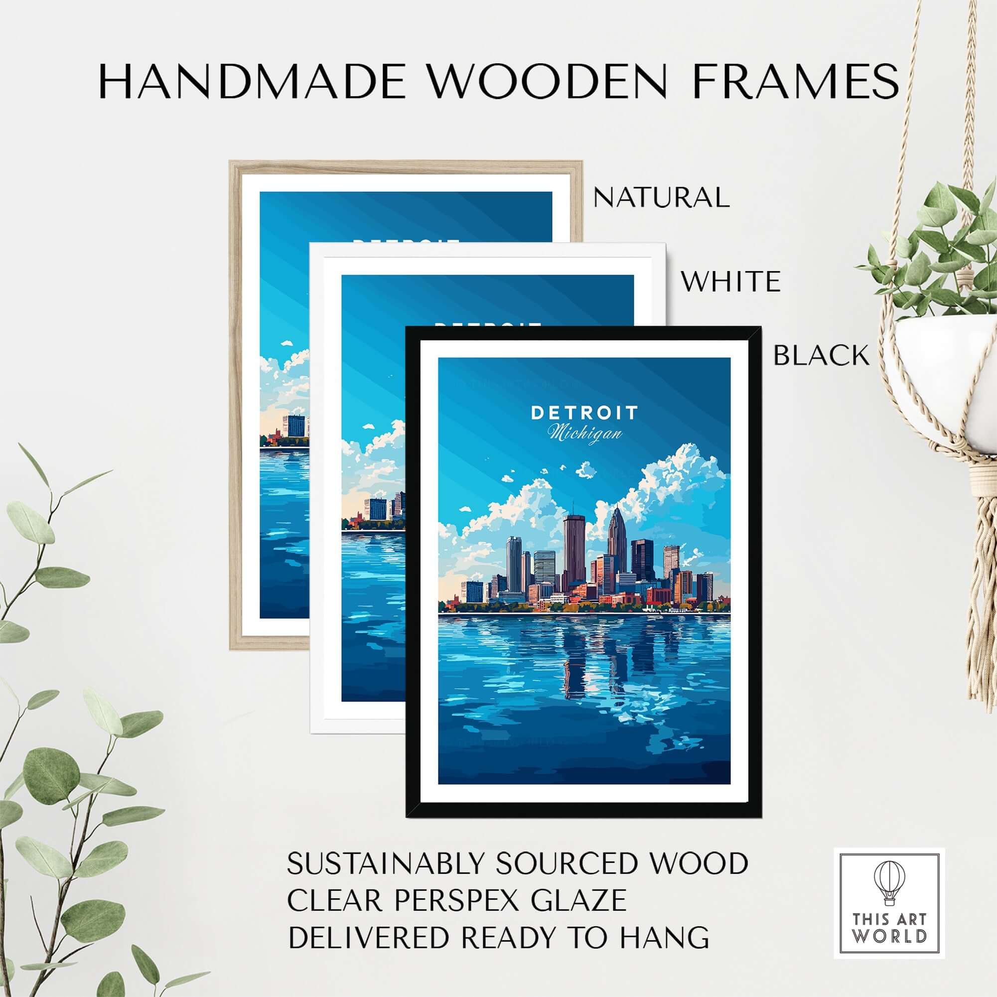 Detroit Travel Print displayed in handmade wooden frames: natural, white, and black options.