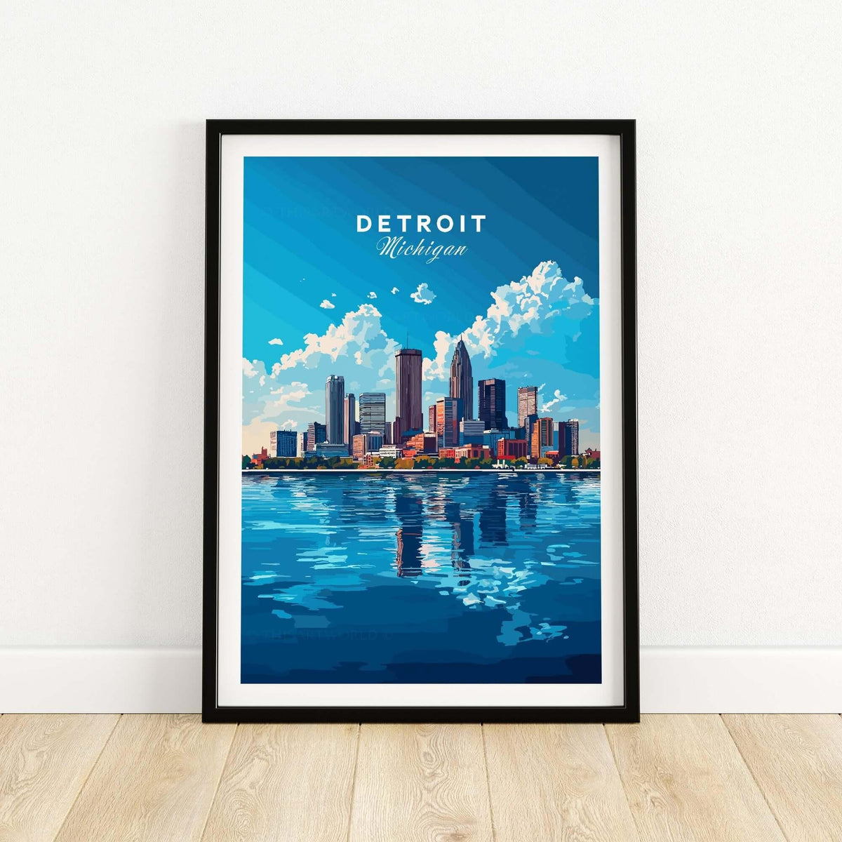 Detroit Travel Print featuring the vibrant skyline and water reflection of Detroit, Michigan.