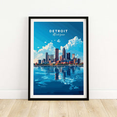 Detroit Travel Print featuring the vibrant skyline and water reflection of Detroit, Michigan.