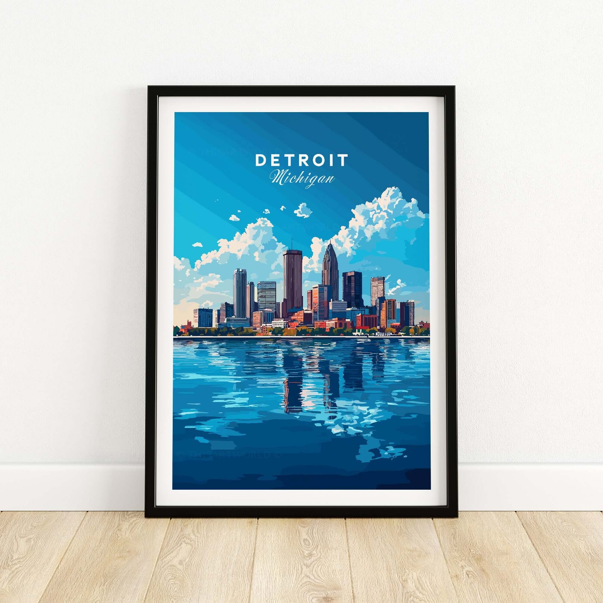 Detroit Travel Print featuring the vibrant skyline and water reflection of Detroit, Michigan.