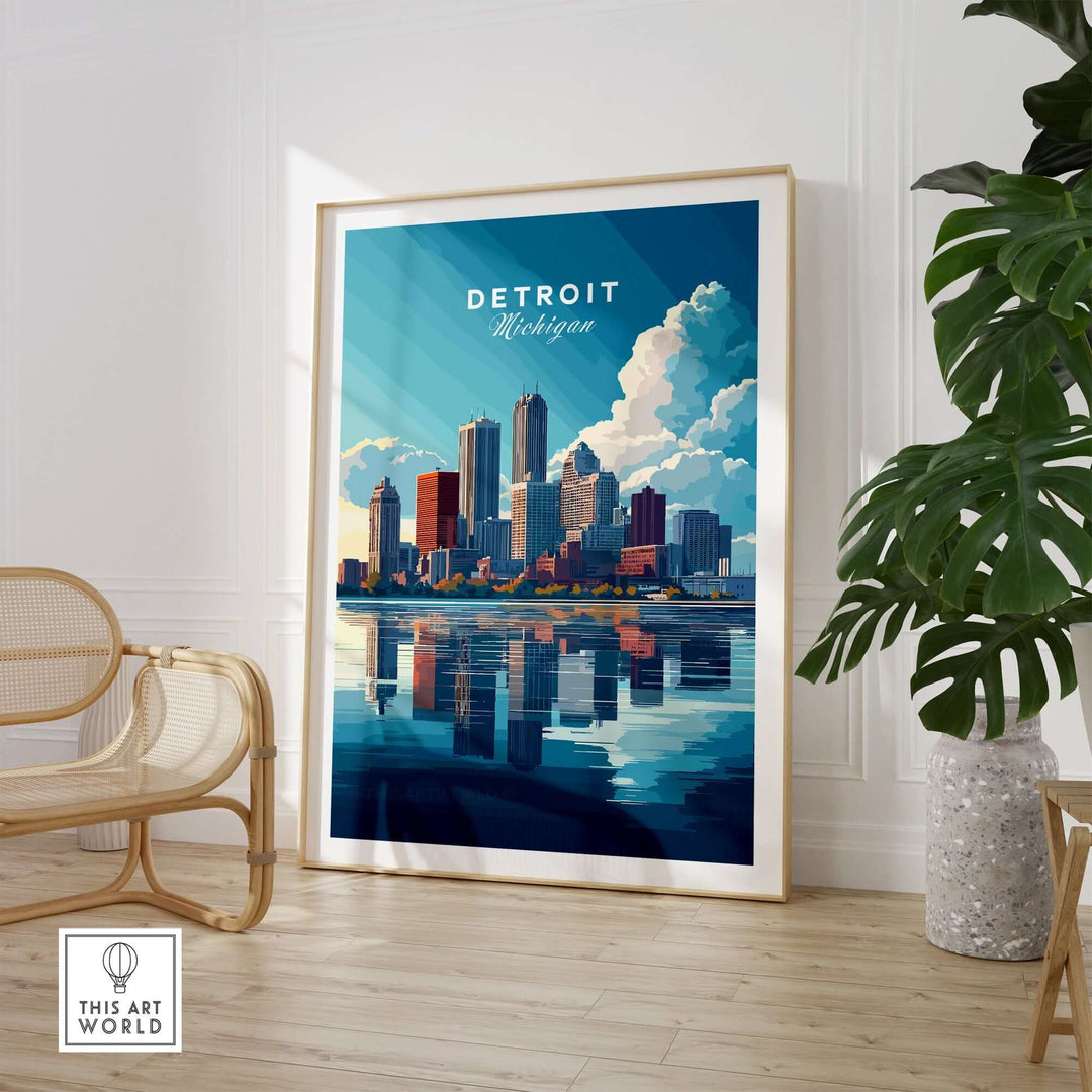 Detroit Wall Art featuring a vibrant skyline reflection, showcasing the beauty of Michigan's Motor City.