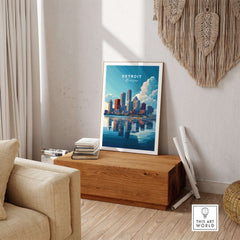Detroit Wall Art showcasing the city's skyline in vibrant colors and reflections, perfect for urban decor.