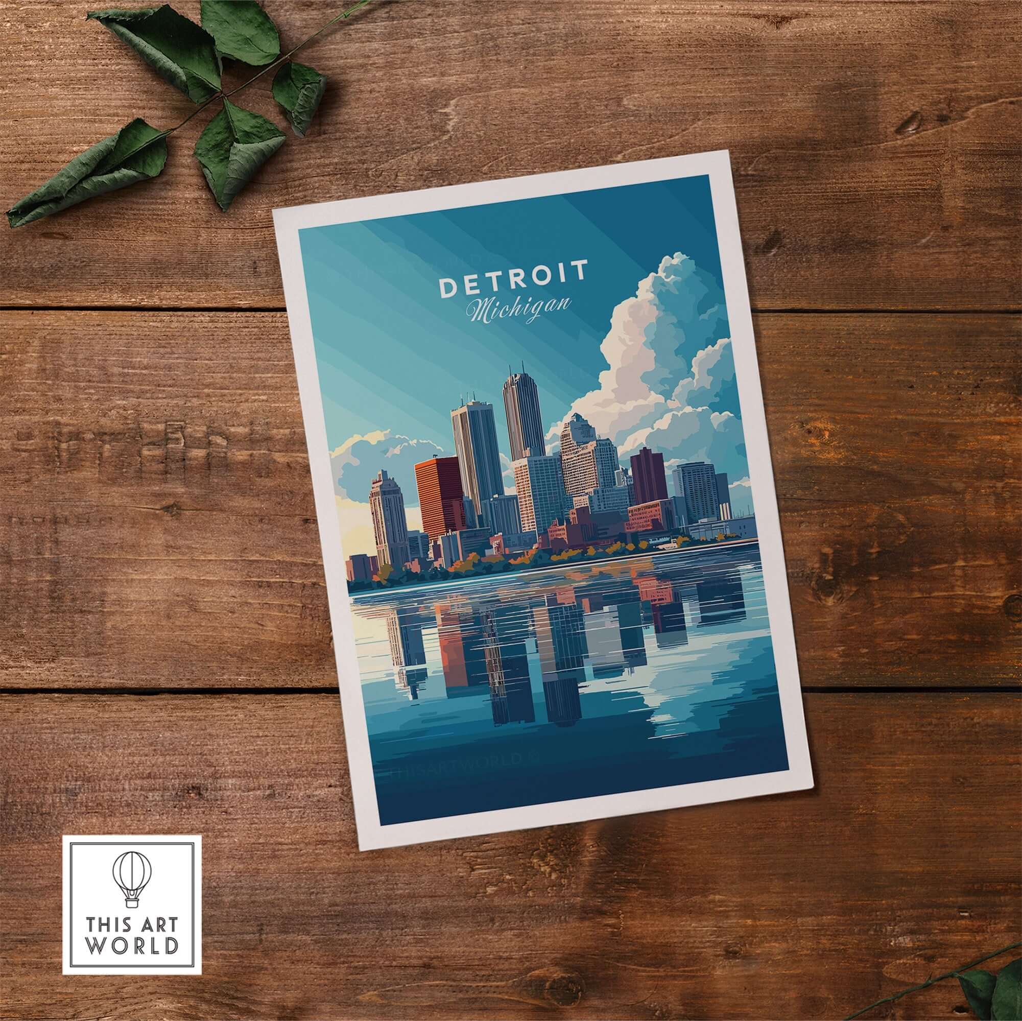 Detroit Wall Art showcasing the vibrant skyline of Detroit, Michigan with reflections in the water.