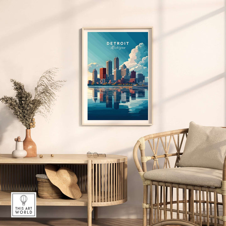 Vibrant Detroit Wall Art featuring city skyline reflection, perfect for urban home decor.