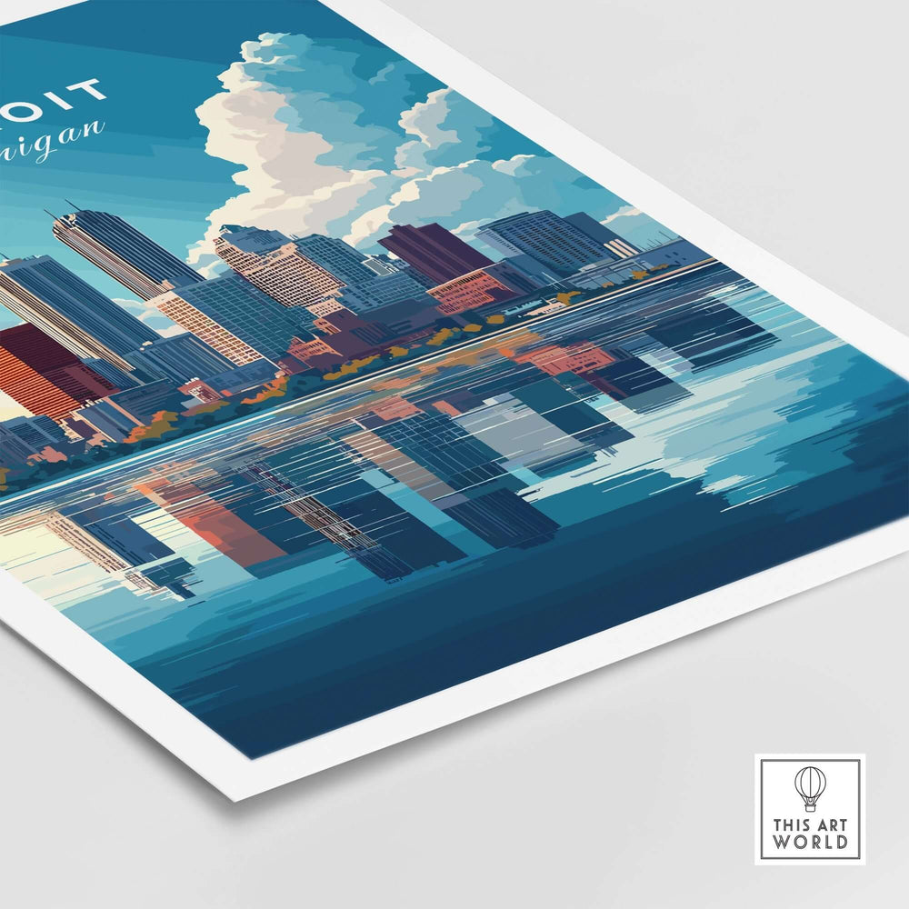 Detroit skyline wall art featuring vibrant colors and reflections, capturing the city's urban charm and culture.