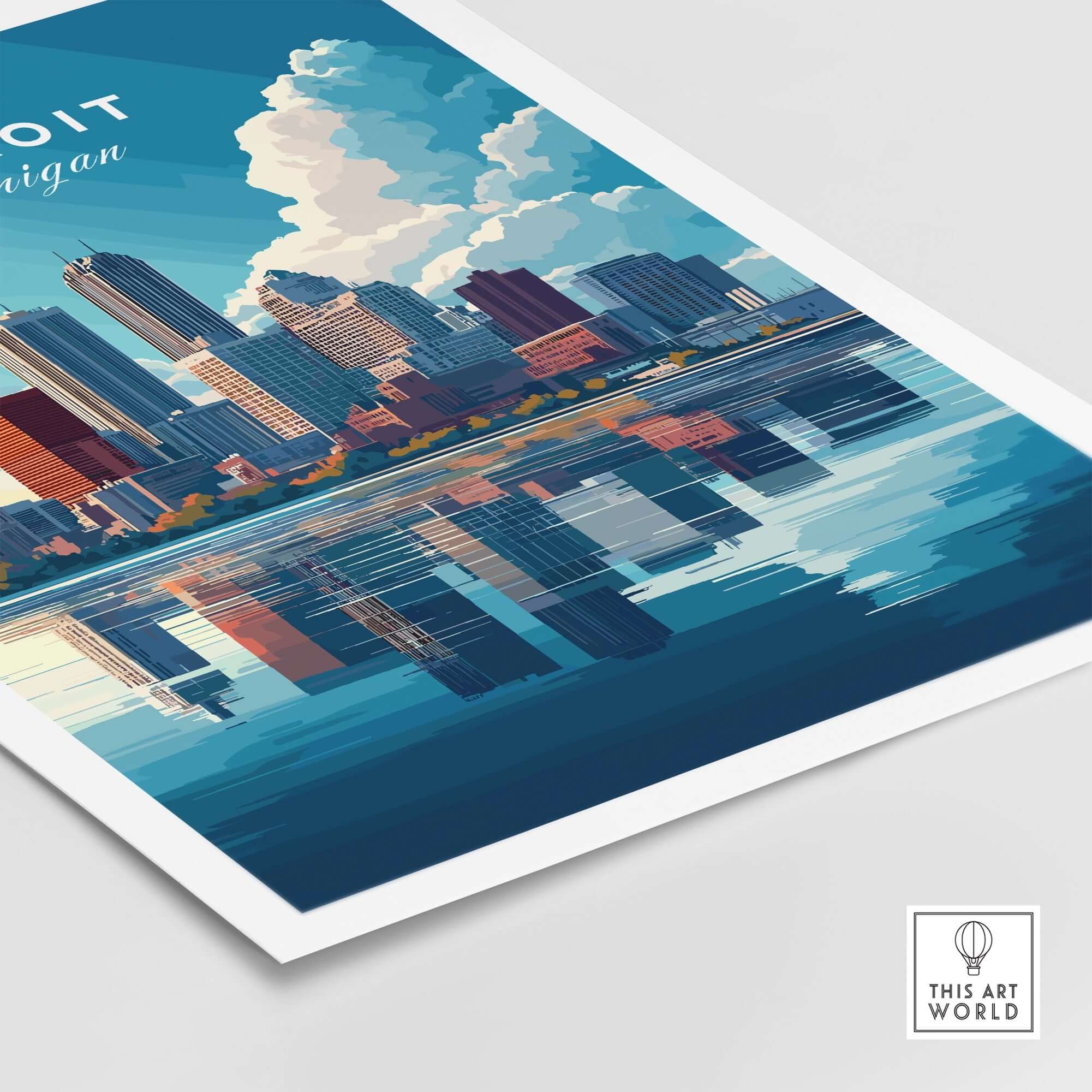 Detroit Wall Art showcasing a vibrant skyline and reflections in blue tones.