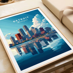 Detroit Wall Art featuring the skyline of Detroit, Michigan with vibrant colors and reflections.