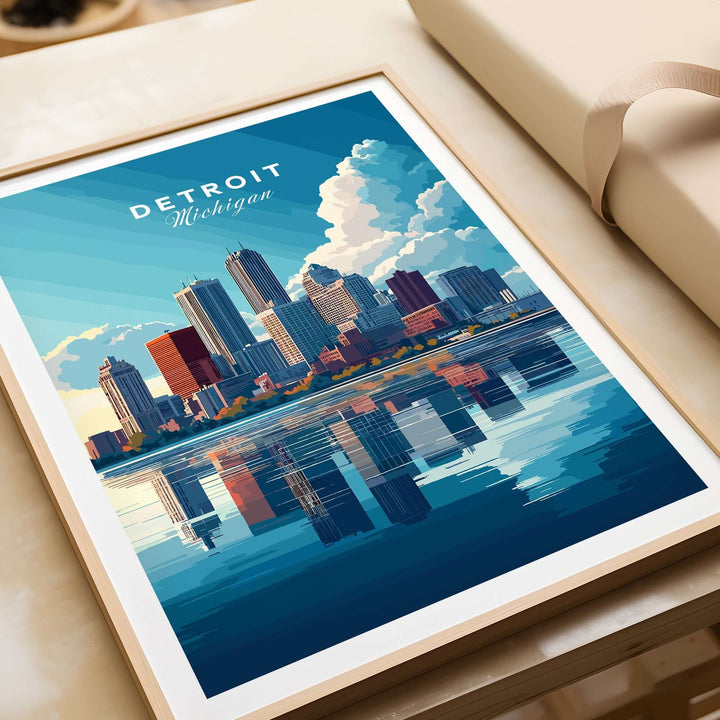 Framed Detroit wall art featuring a vibrant skyline reflection and bold colors, celebrating the city's urban charm.