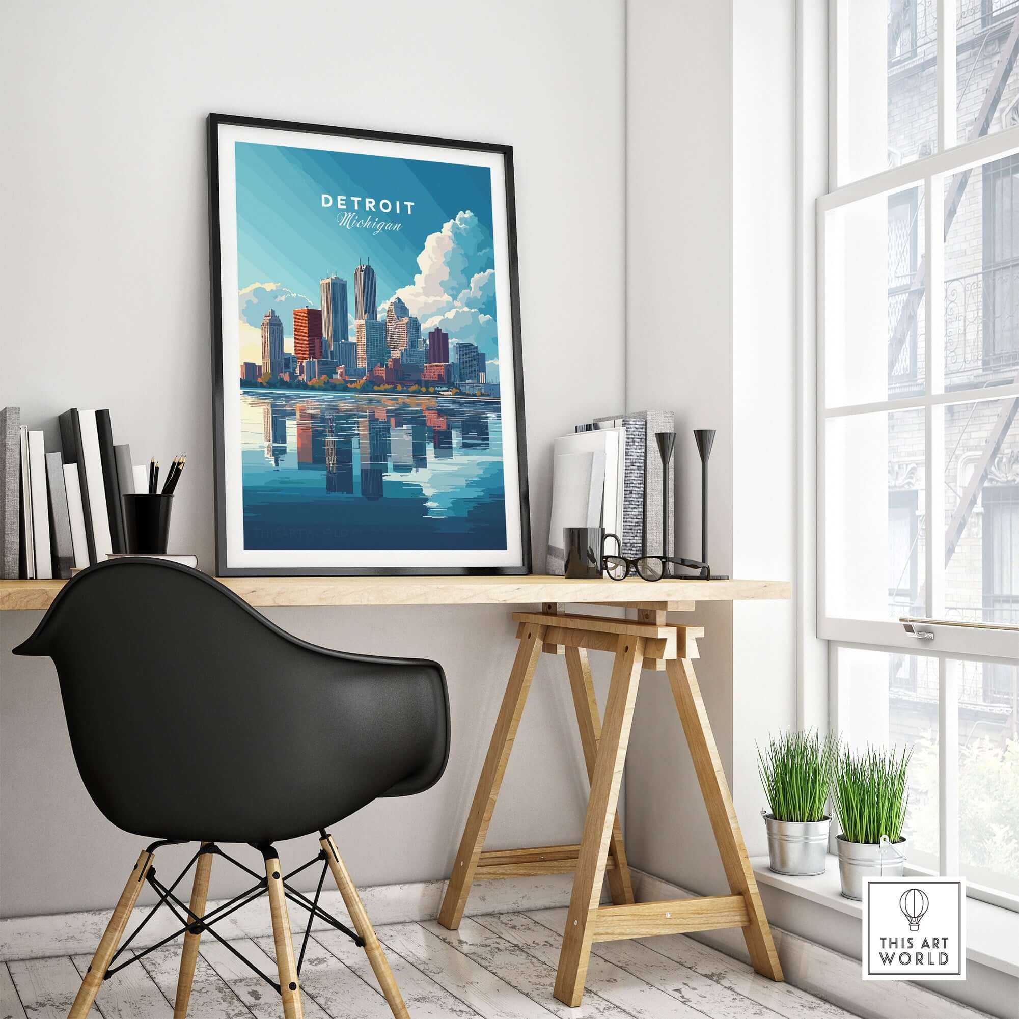 Detroit Wall Art showcasing the skyline and vibrant culture of Detroit in a stylish workspace.
