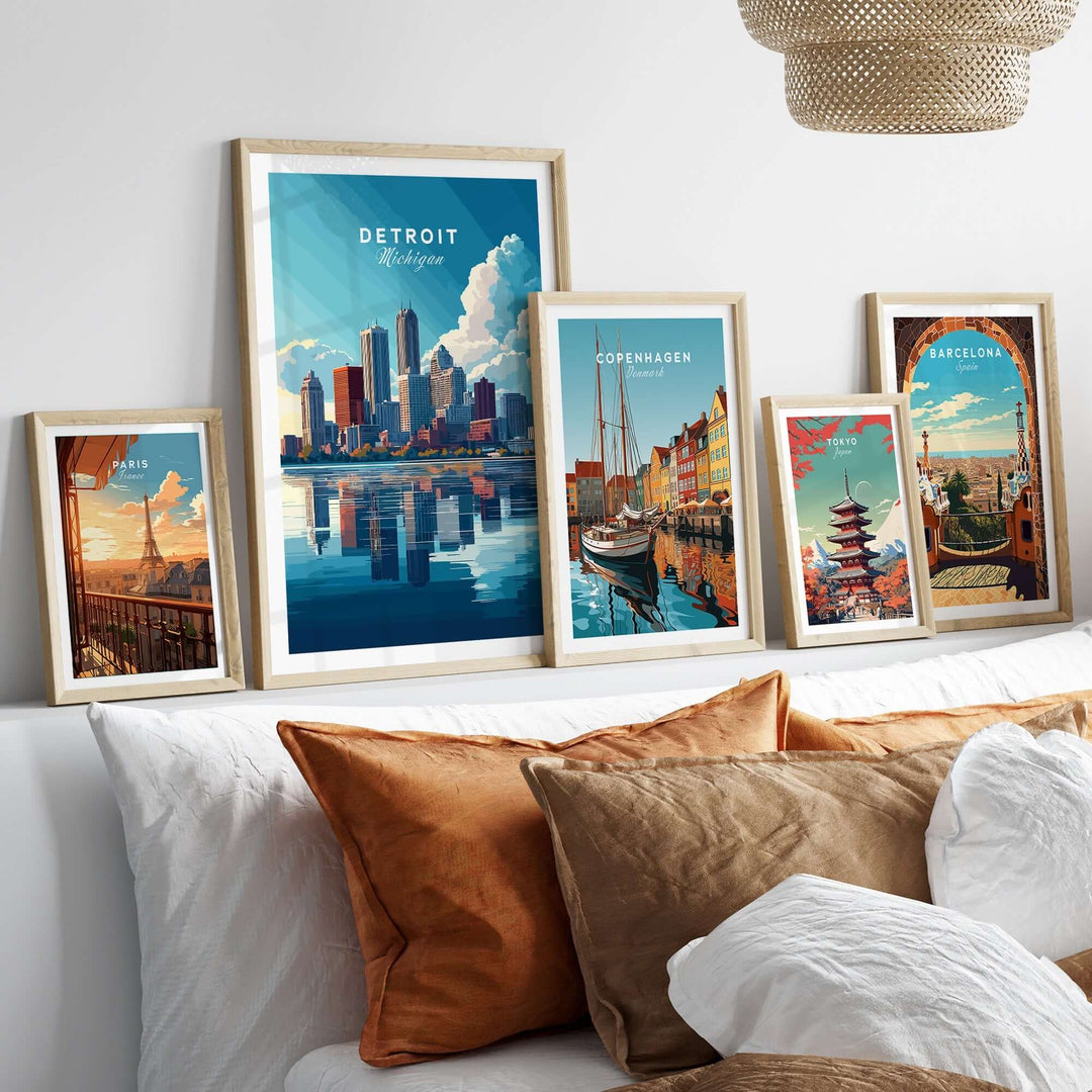 Detroit Wall Art featuring vibrant skyline and cultural depictions in stylish frames on a cozy bed setting.