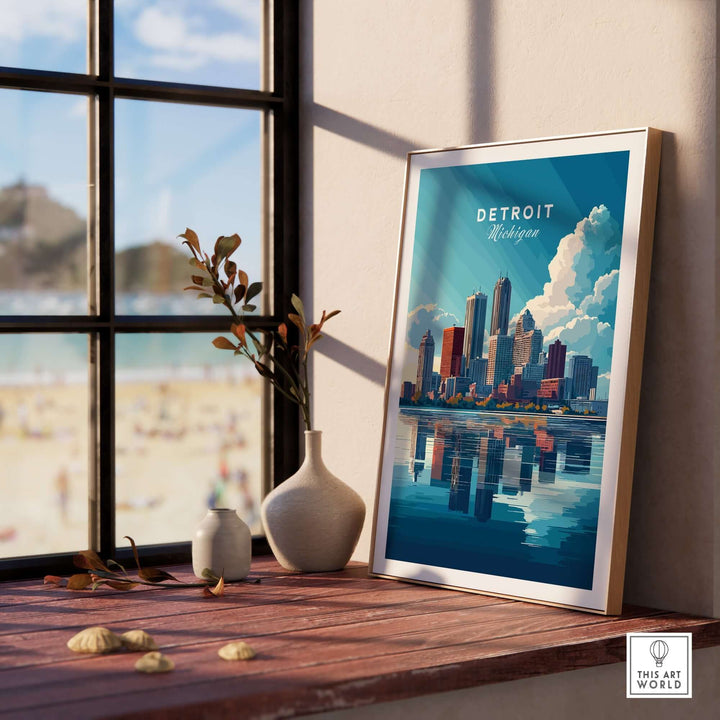 Framed Detroit wall art showcasing the skyline with vibrant colors, set in a sunlit room by the window.