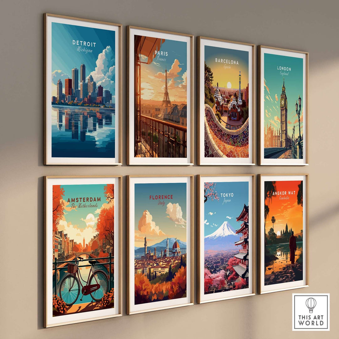 Colorful framed travel posters featuring iconic cities including Detroit, Paris, Barcelona, and London on a wall.