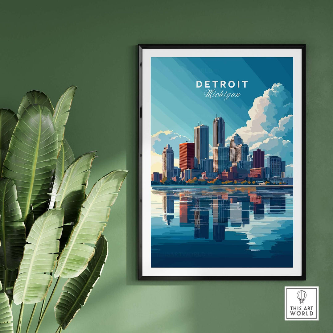 Vibrant Detroit Wall Art featuring the skyline and reflections in a modern setting with greenery.