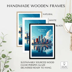Detroit Wall Art displayed in handmade wooden frames, featuring a vibrant city skyline and urban reflections.