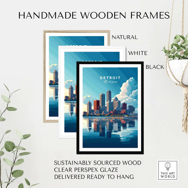 Handmade wooden frames in natural, white, and black showcasing Detroit art, sustainably sourced and ready to hang.