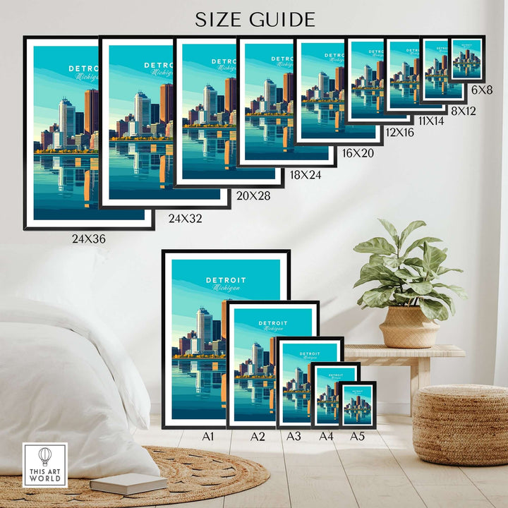 Size guide for Detroit wall art poster showcasing various frame sizes displayed in a stylish interior setting.